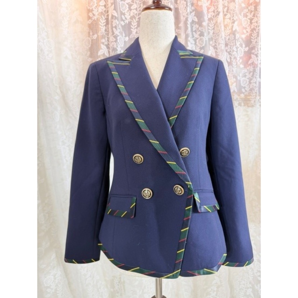 Talbots Petite Navy Blue Double Breasted Blazer Striped Trim Gold Buttons 2P